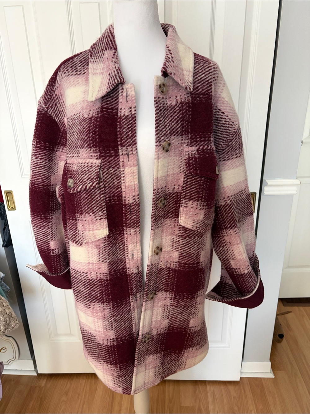 Burgundy, Pink, and Cream Wool Plaid Shacket